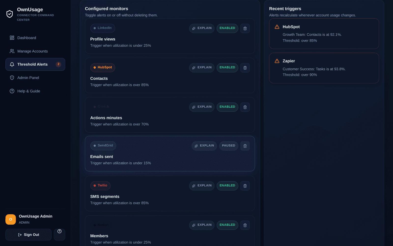 OwnUsage — actual product interface
