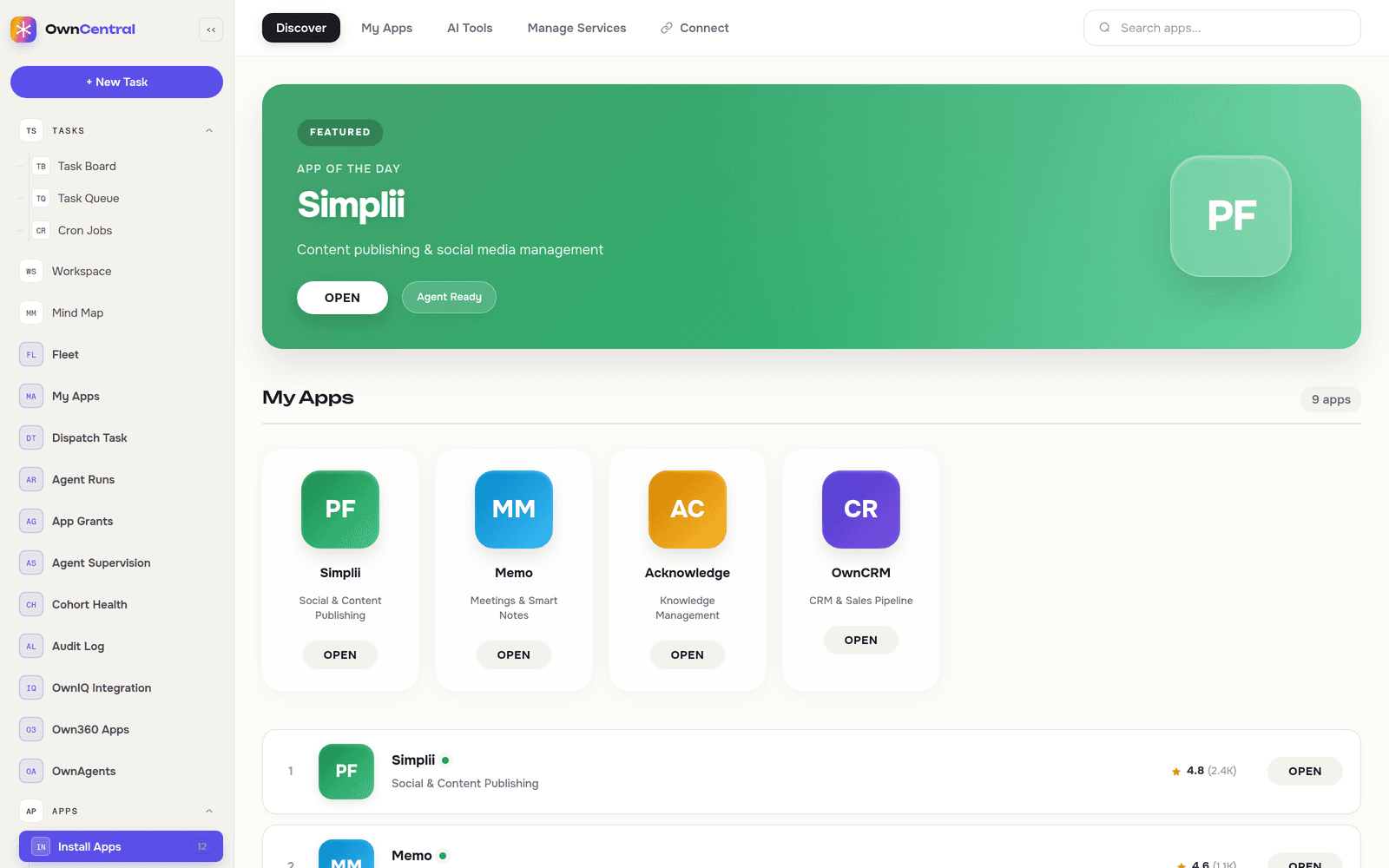 OwnCentral — actual product interface