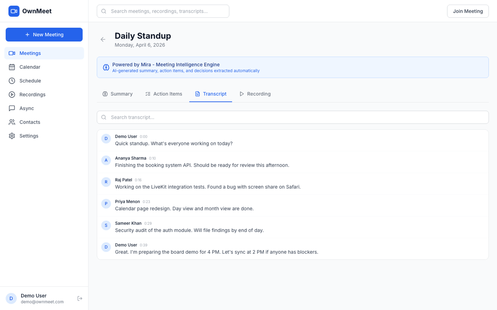 OwnMeet — live product interface