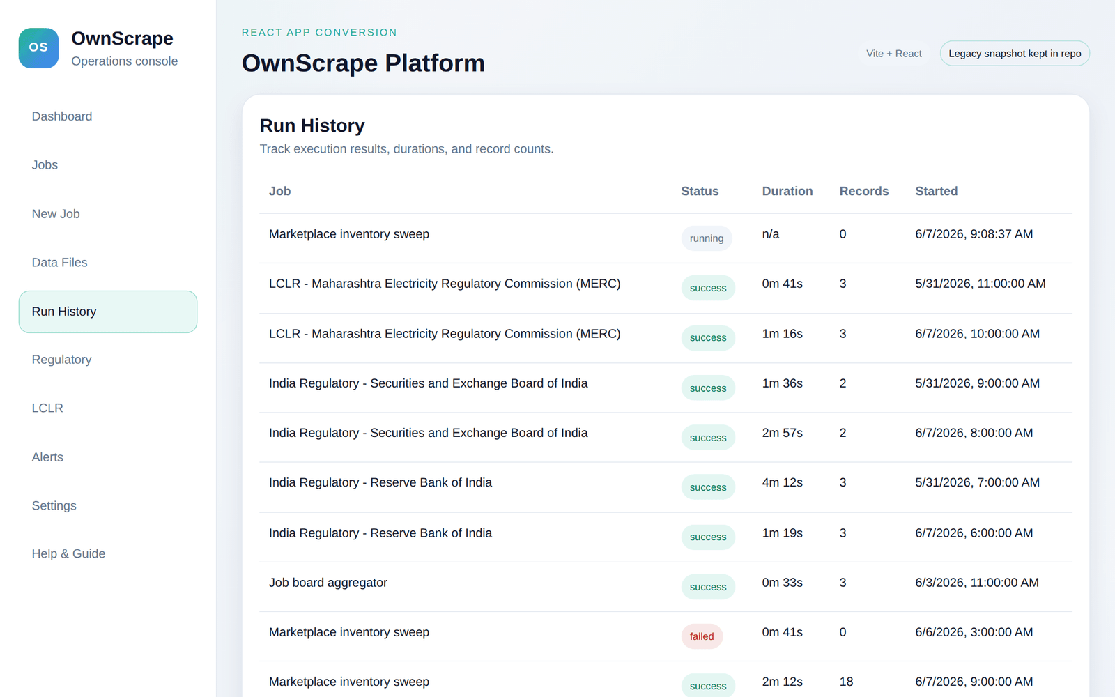 OwnScrape — live product interface