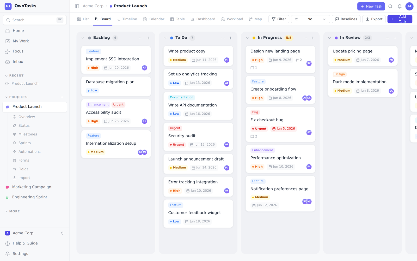 OwnTasks — live product interface